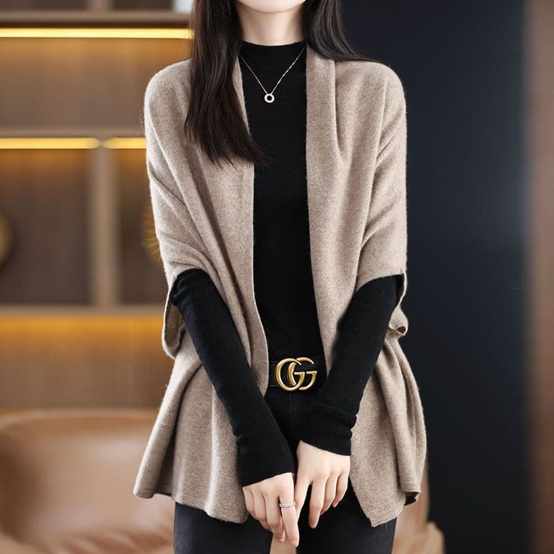 Women's Knitted Cardigan for Spring/Autumn/Winter Warm Wool Outerwear Loose Over-the-Shoulder Sweater Coat Shawl Cape Top