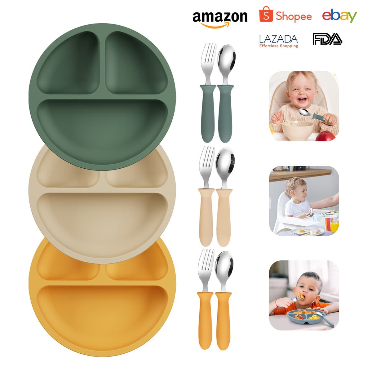 Silicone Baby Plate Round Smiley Face Silicone Tableware Suction Plate Baby Food Feeding Divided Plate