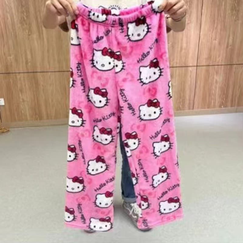 New cartoon flannel Korean style women's pajama pants, autumn and winter, coral fleece thickened, warm, casual home pants, can be worn outside.