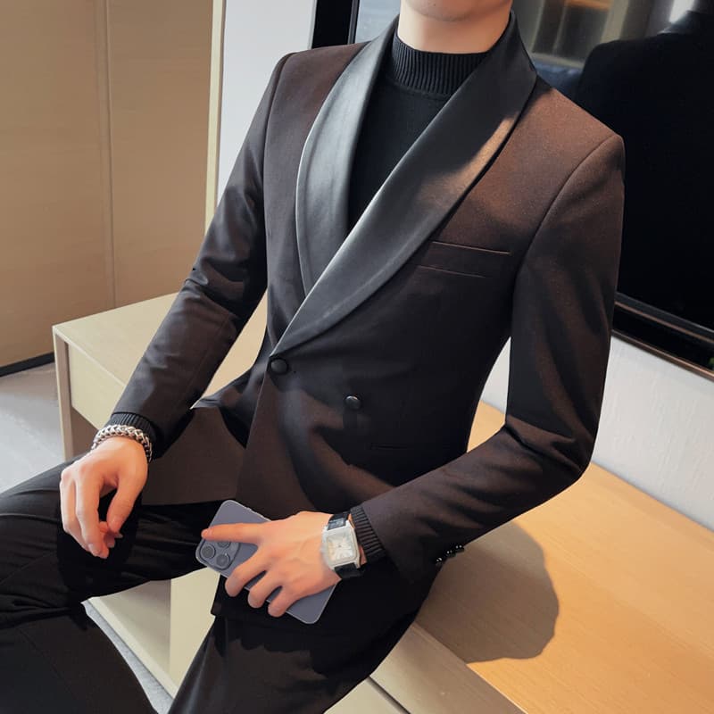 2025 Spring New Men's Custom Suit Blazer for Hosts and Emcees, Solid Color with Leather Trim