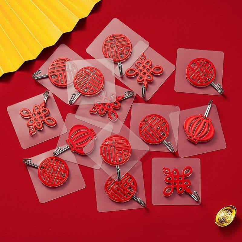 Red "Fu" Character Hook, Strong Adhesive No-drill Hooks, Wall-bearing Door Hanger Chinese Knot Hook