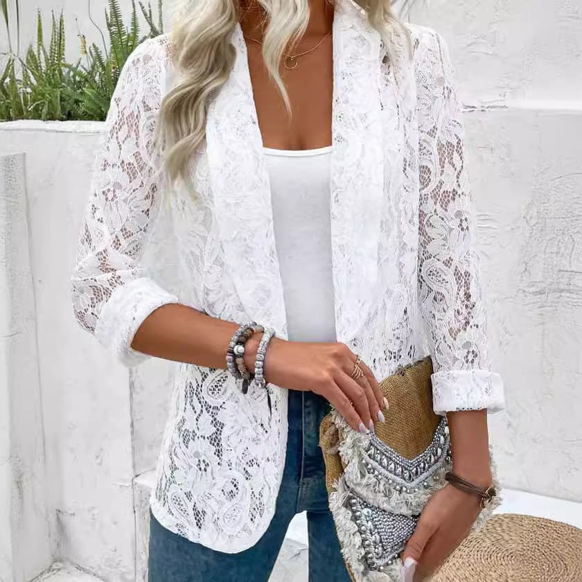 2024 European/American Cross-Border Spring/Summer Blazer Stylish Versatile Solid Color Lace Blouse Jacket
