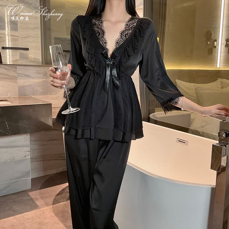 Beautiful Yarn Lace Satin Home Pajamas Suit Deep V Sweet Lace Top Trousers Two-Piece Home Clothes
