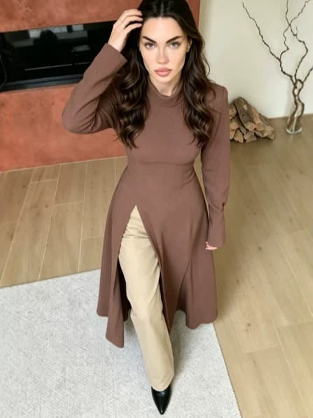 European and American Ins Style Cross-Border AliExpress Waist-Tightening, Slimming Slit Long Shirt with Elegant Drape Long Sleeves Women's Top