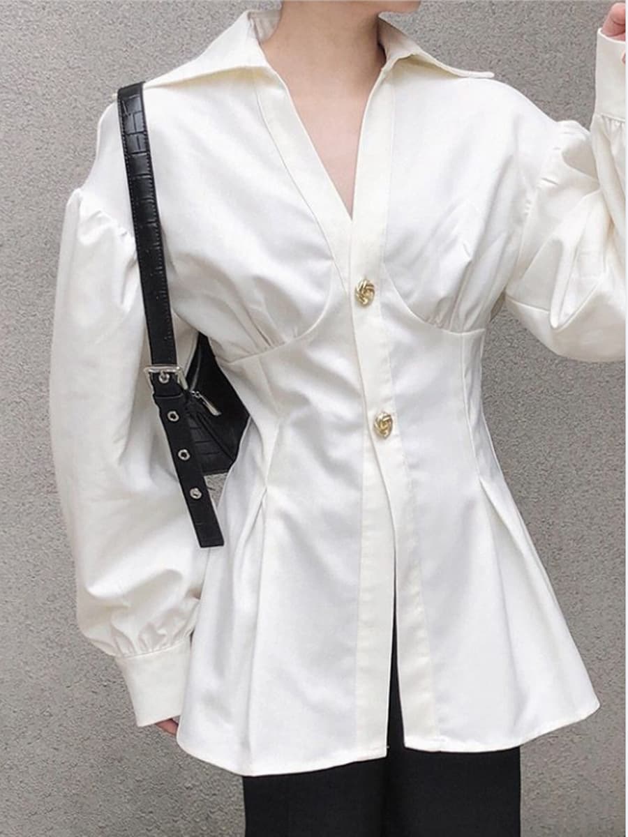French V-neck unique design white premium shirt 2023 autumn slim-fit shirt