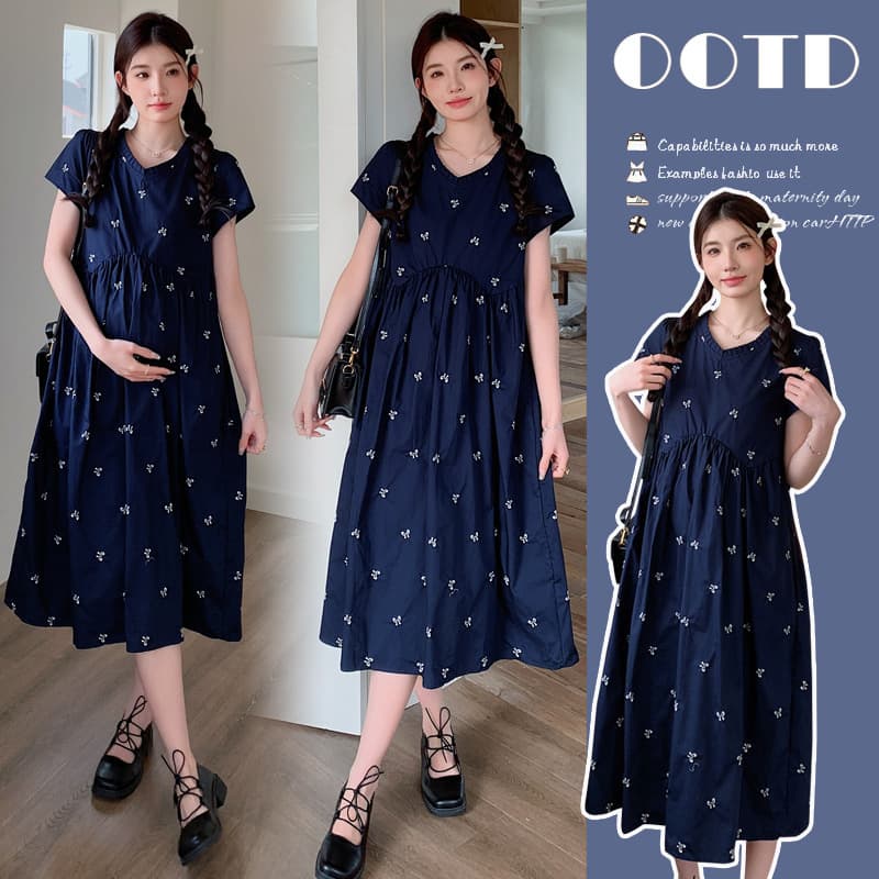 Real Shot Fashionable 2026 Summer Maternity Dress Pure Cotton Embroidery Sweat-Absorbing Breathable Chic Mom Daily Dress