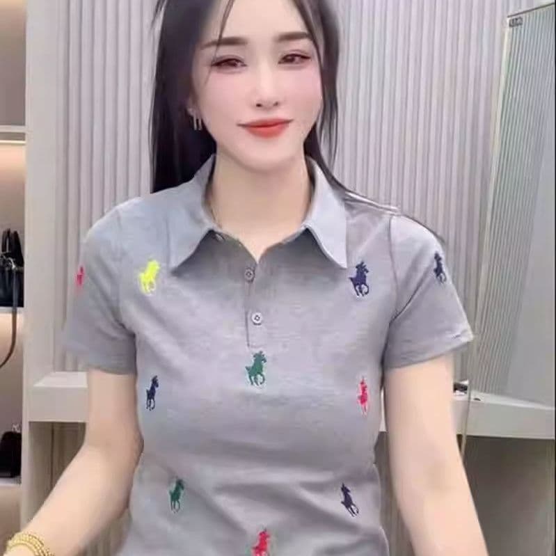 Plus-Size European-Style Horse Embroidery Polo Collar Short-Sleeve T-Shirt for Women, 2026 Spring/Summer New Style, Loose Fit, Slimming, Covers Body Flaws Top