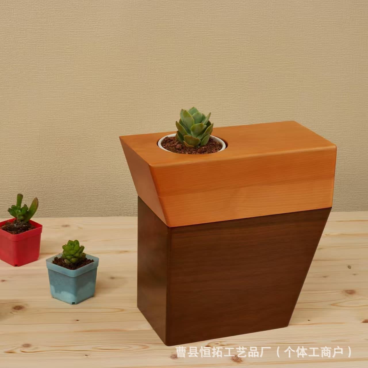 Solid Wood Urn Cat Dog Cremation Ash Vault Can Be Planted with Succulents Small Flower Pot Geometric Color-block Pet Ash Box