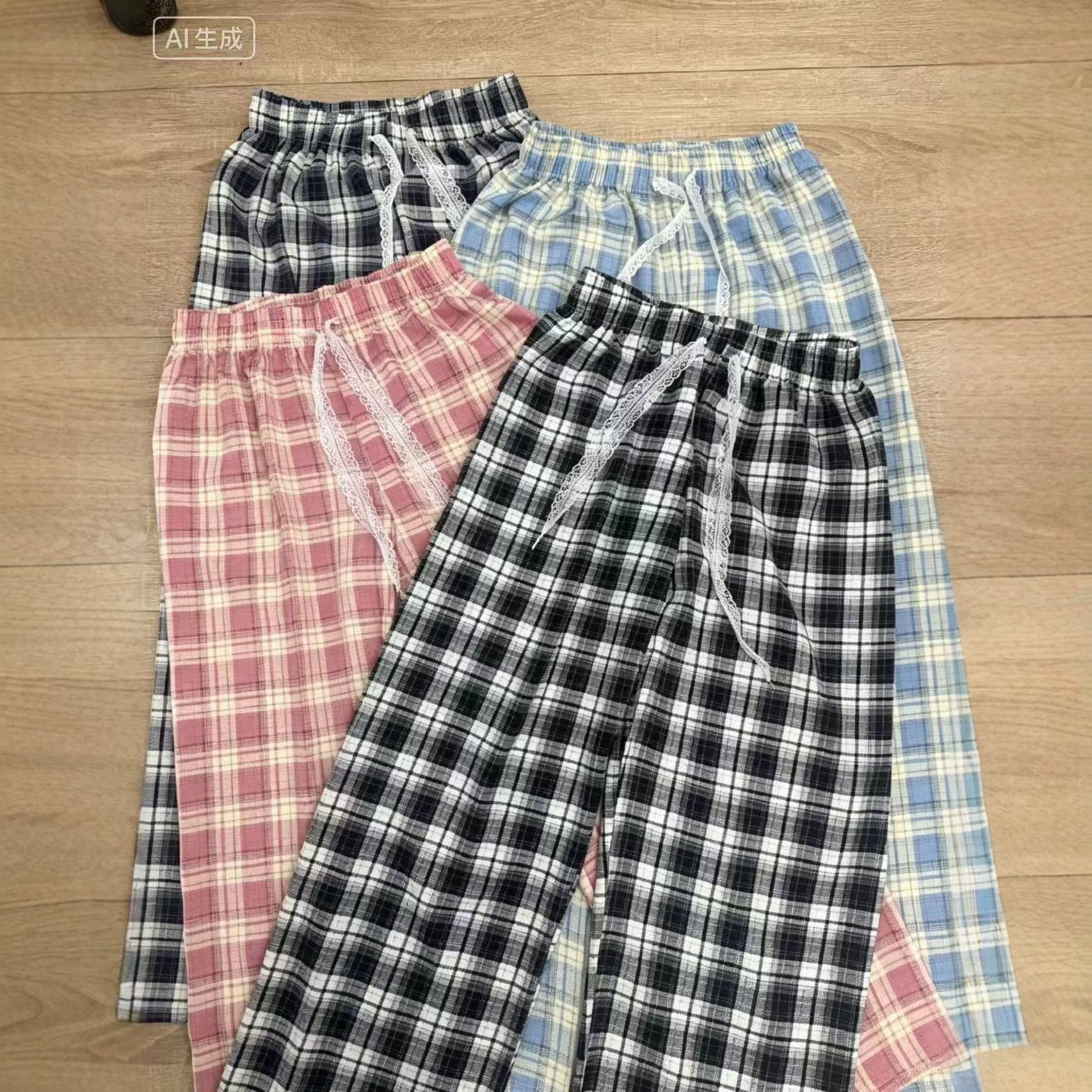 Korean Lazy Style Plaid Casual Pants, Straight-Leg Pants for Women, Summer Japanese Lace Drawstring High-Waisted Wide-Leg Pants, Floor-Length Pants