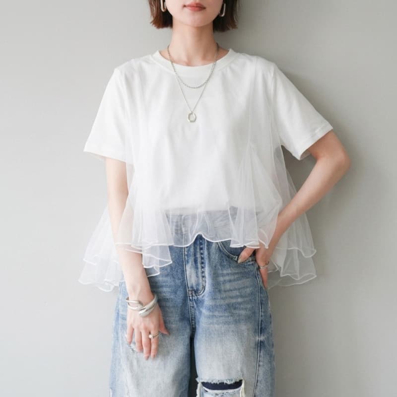 Exported to Japan Rakuten Retro Mesh Splicing Shirt Women's Round Neck Three-Dimensional Design Commuting Versatile Layered Top