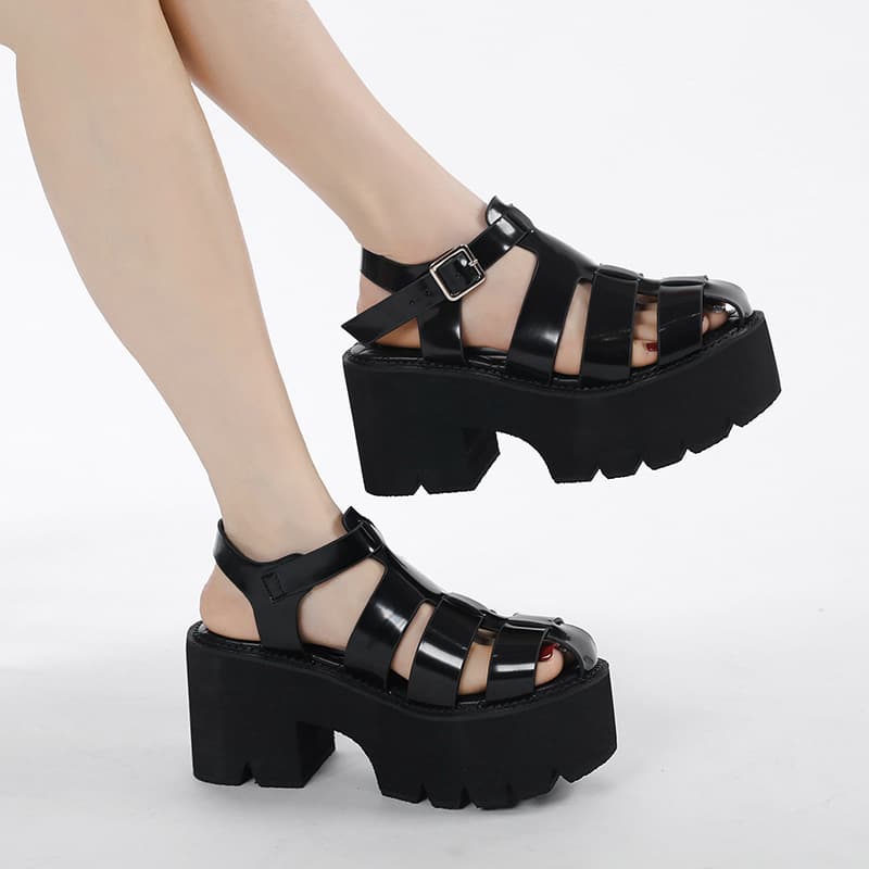 2025 New European and American Round Toe Platform Lace-up Hollow Casual Thick Sole Summer Chunky Heel Soft Bottom Sandals