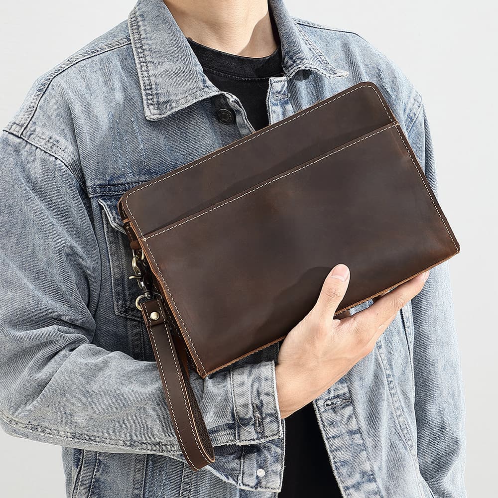 Men's Genuine Leather Handbag, Crazy Horse Leather Handbag, Business Wallet, Multifunctional Long Cowhide Clutch Bag, Cross-Border Supply