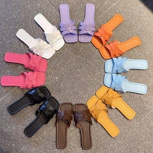 Cross-Border New Solid Flat Slippers for Women European American Square Toe Breathable Slip-On Home Slippers
