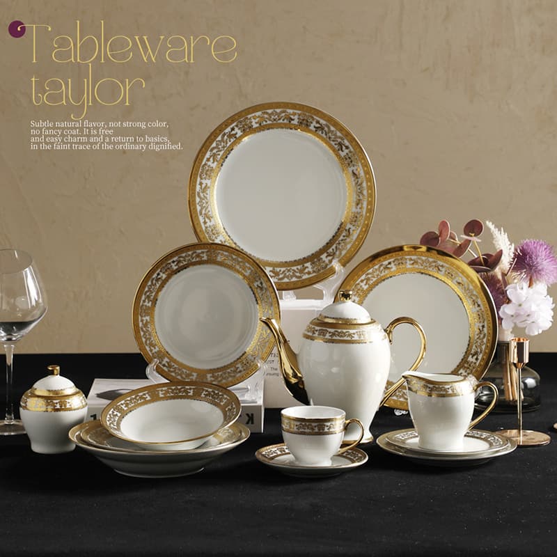 Elegant Modern Ceramic Dining Plate Gold Rimmed Fruit Cake Tray Engraved Design Restaurant Quality Dishware Simple Luxury Style