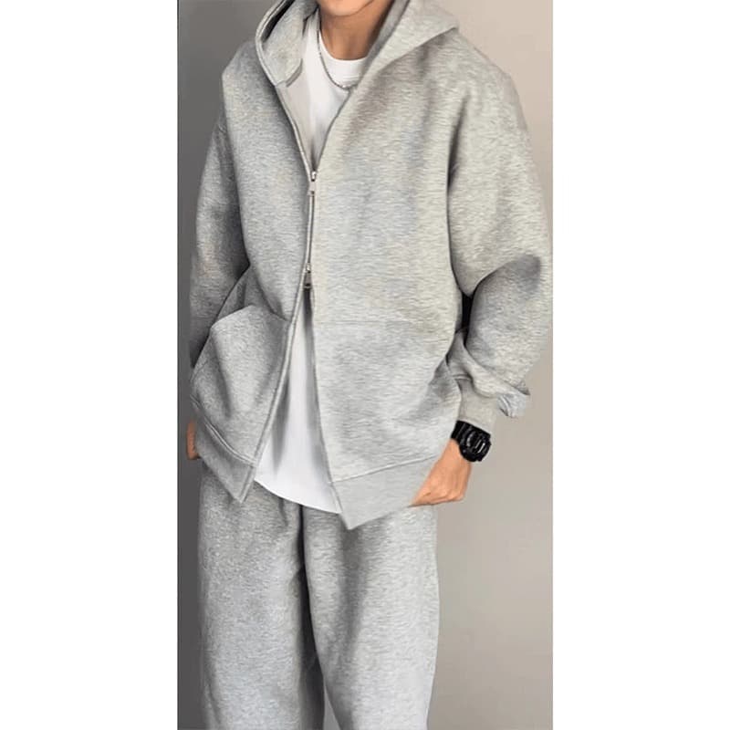 Double Zipper Hooded Cardigan Sweatshirt Men Couple Heavyweight Structured Spring Autumn American High Street Streetwear Solid Color Casual Jacket