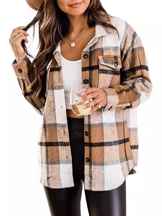 Amazon Wish 2024 European and American Flannel Jacket Casual Plaid Button-Up Long-Sleeve Wool Shirt Women's Coat