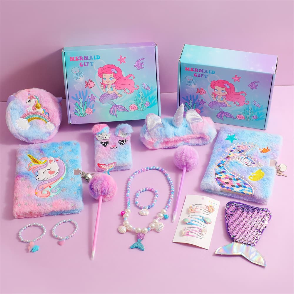 Back to School Cartoon Mermaid Tail Plush Notebook, Children's Diary, Bracelet, Bag Gift Box Set