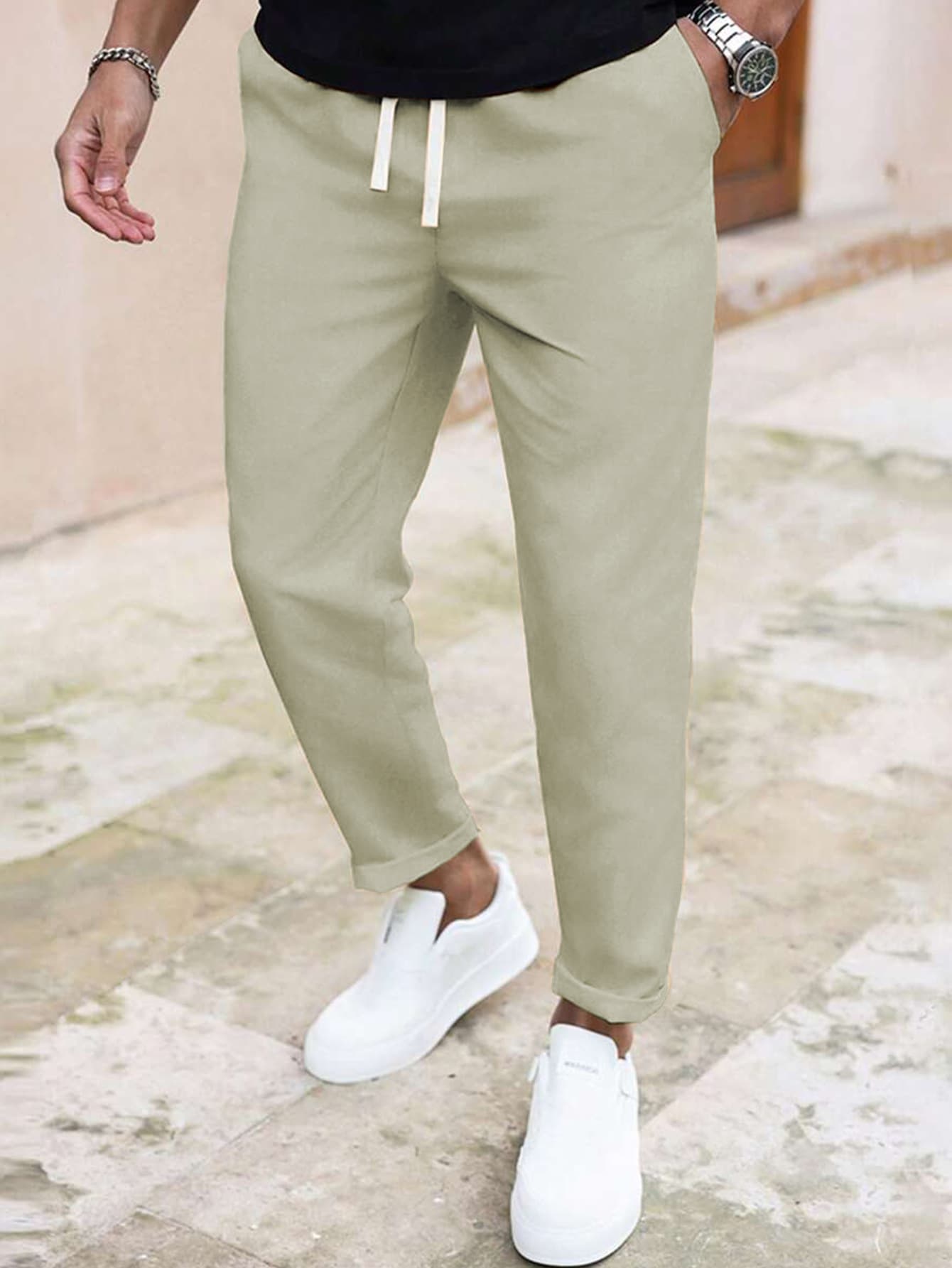2025 Fall New Casual Slim Fit Cropped Pants Solid Color Drawstring Pocket Pants