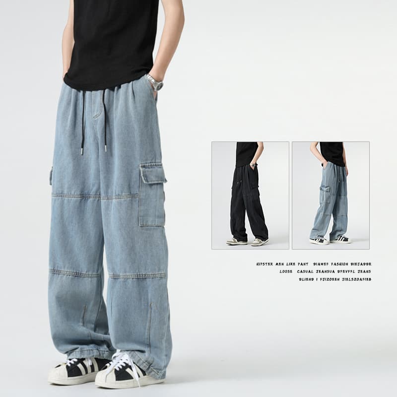 Cross-border trendy brand American retro drape loose wide-leg casual large-pocket workwear denim washed new dad jeans