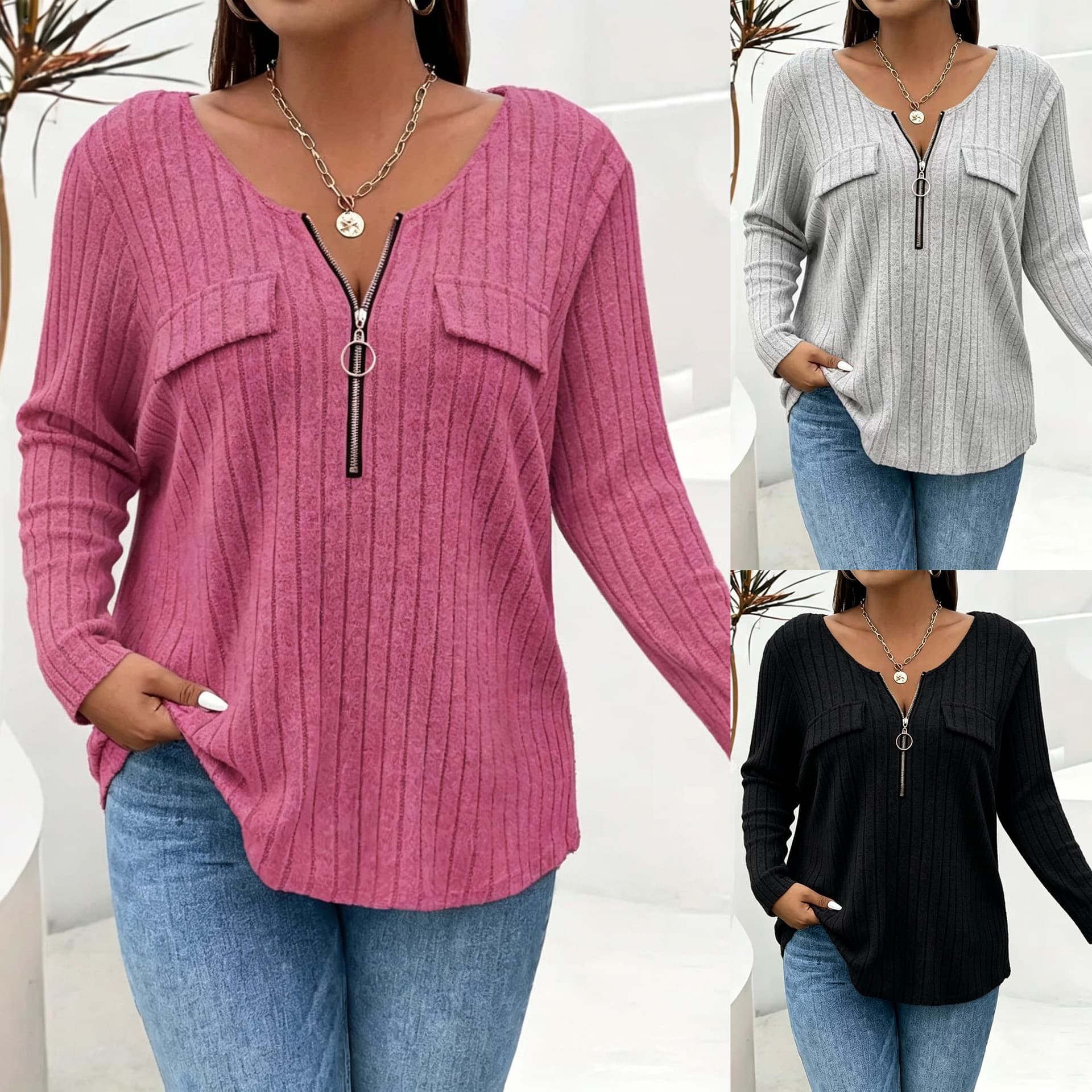 New Cross-Border Women's Fashion Autumn/Winter Long-Sleeve Zip-Up Ribbed Top Plus Size for Amazon