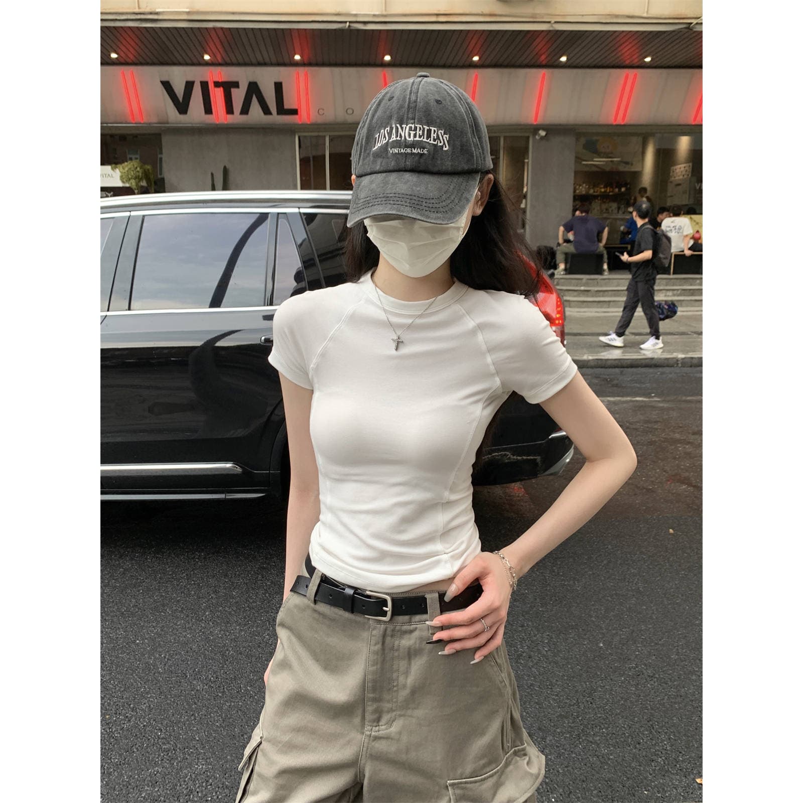 White Short-Sleeve Women's Fishbone Seam Design Slim Fit Cropped T-Shirt 2026 Summer Solid Color Inner Layering Top