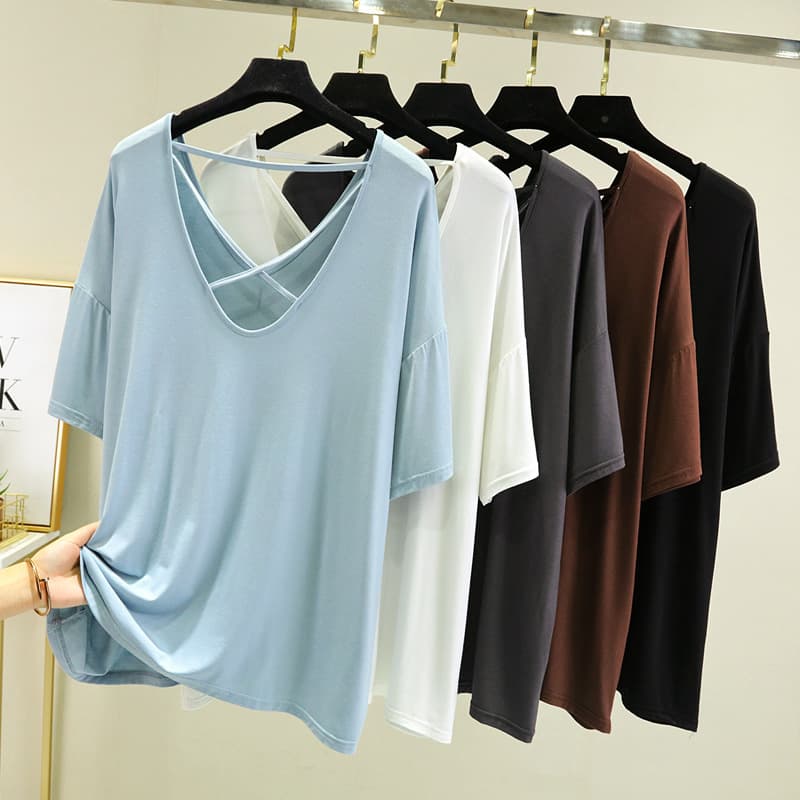 Modal Backless T-Shirt for Women Summer New Short Sleeve V-Neck Top Loose Plus Size Women's Clothing Undershirt