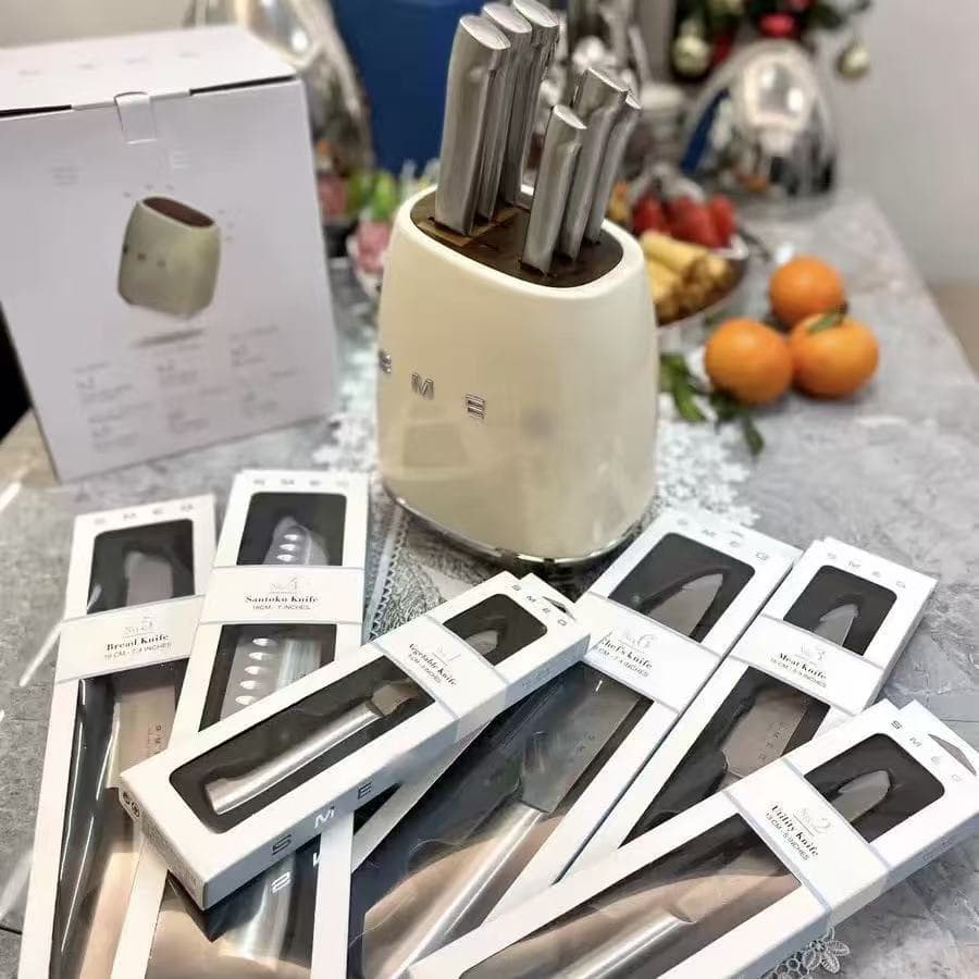SMEG Knife Block Set, Home Stainless Steel Retro Cream Color Full Kitchen Knife Set