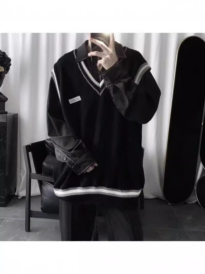 Japanese Retro Couple Black Knit Vest Men's Spring Autumn V-Neck Outer Layering Sweater College Style Top