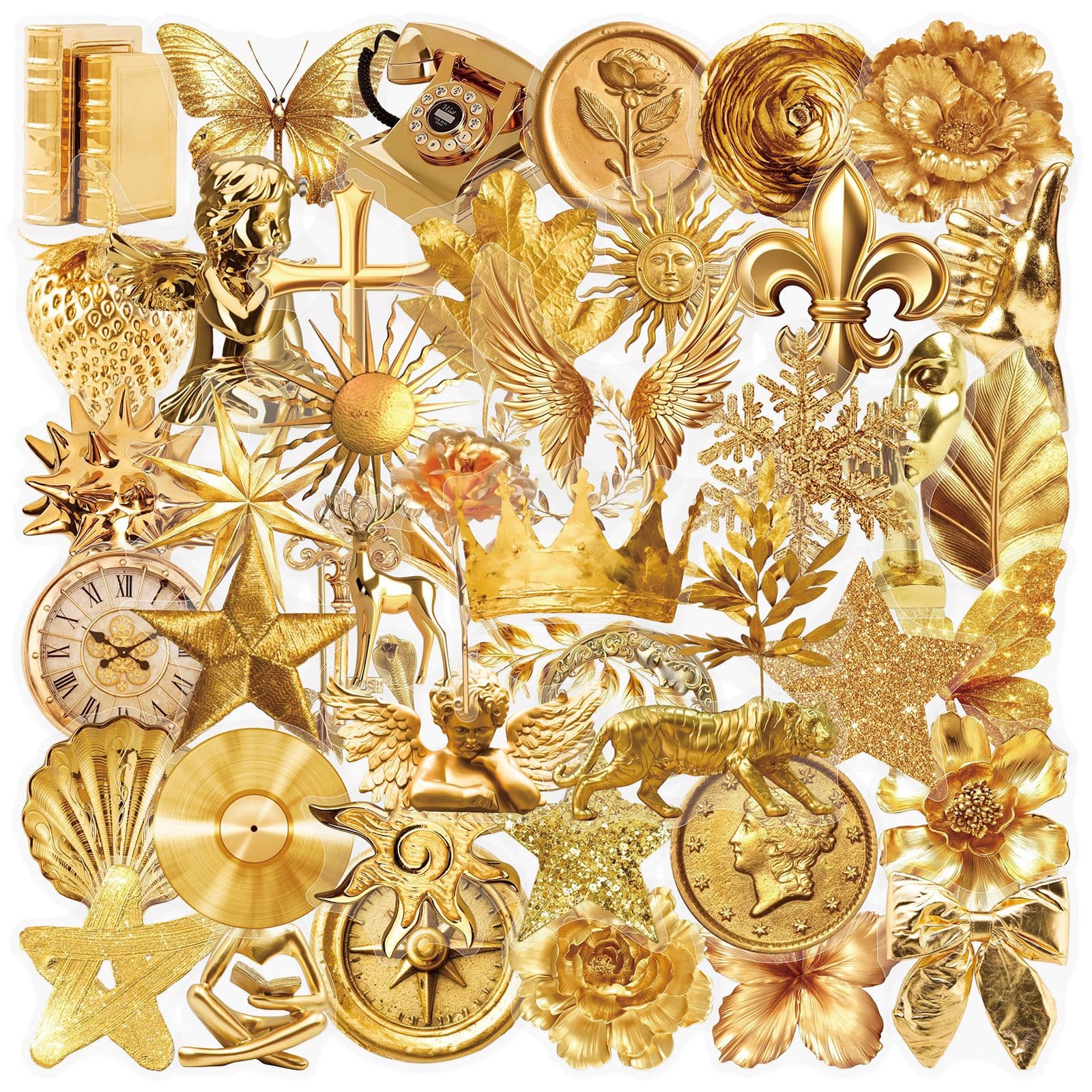 50 Gold Metallic Transparent Stickers for Phone Cases, Notebooks, and Water Bottle Decoration, No Repeats