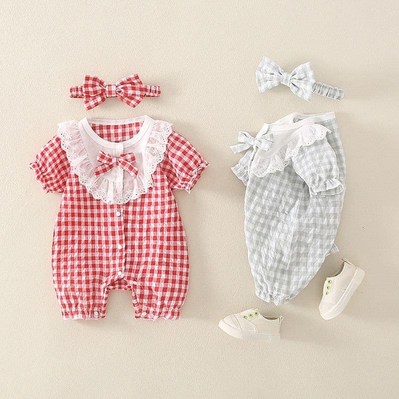 Adorable Baby Outdoor Outfit Summer Baby Clothes Baby Plaid Thin Romper Baby Seven-Sleeve Crawling Suit