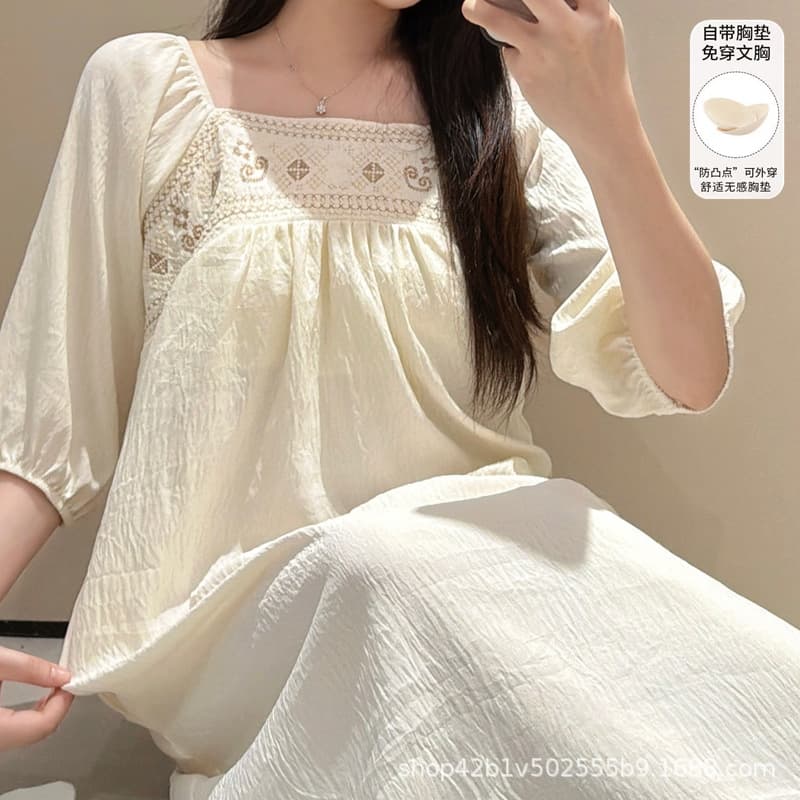 Summer Short Sleeve Loose Mid-Length Sleep Dress with Padded Bra for Women, Sweet and Cute Cloud Cotton Pajamas, Wearable Outside Homewear