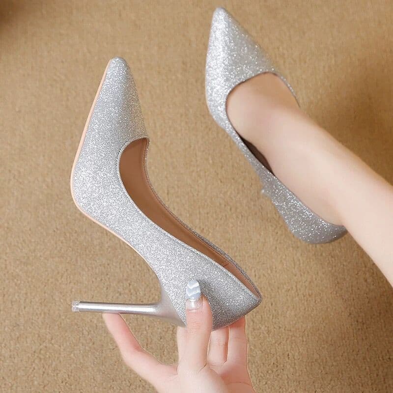 Silver High Heels Women's Thin Heel Wedding Dress Photo Sharp Head Personality Dress Shoes Sequin Embellished mid Heel Single Shoes
