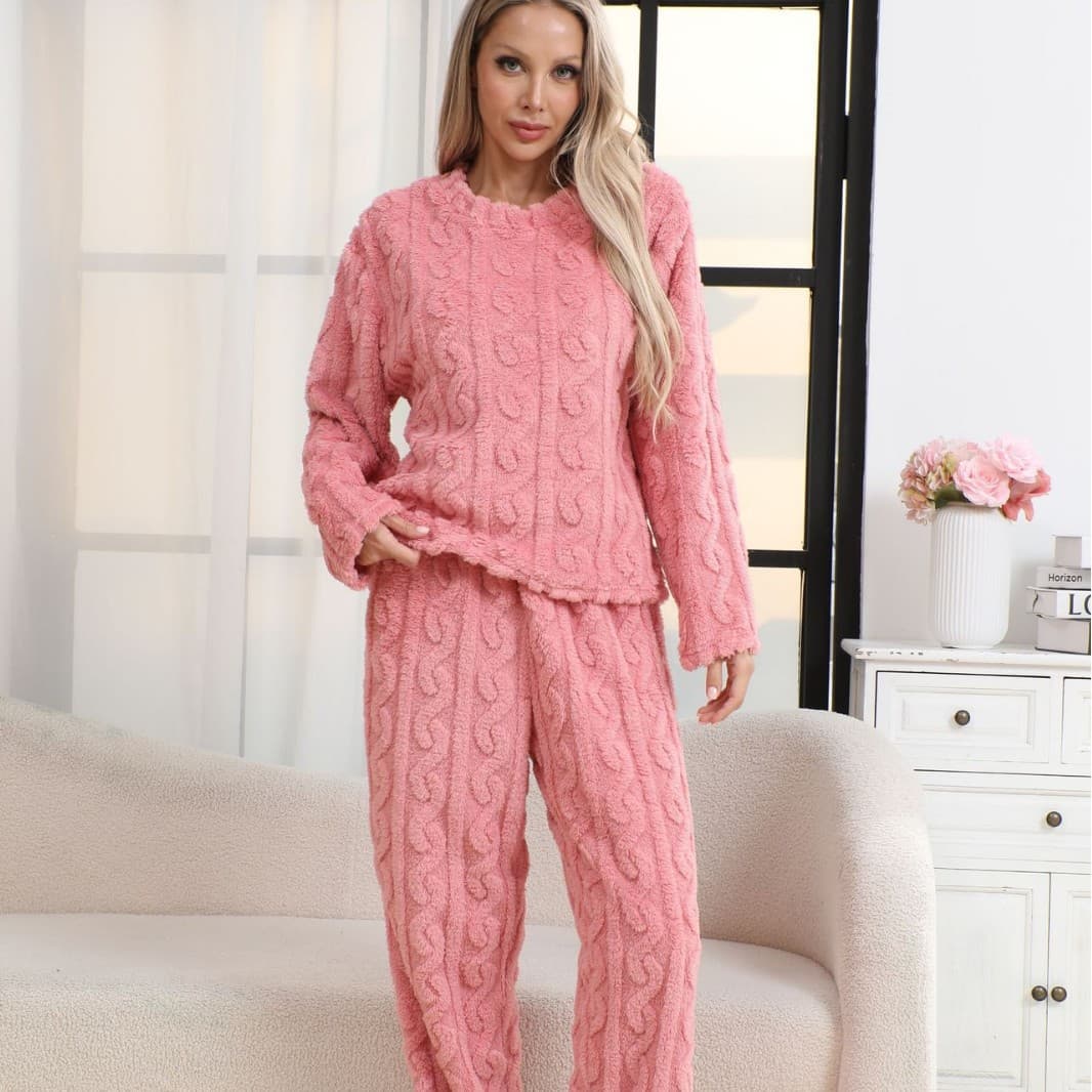 2025 New Women's Flannel Loungewear Pajama Set, Simple Casual Solid Color Ribbed Knit