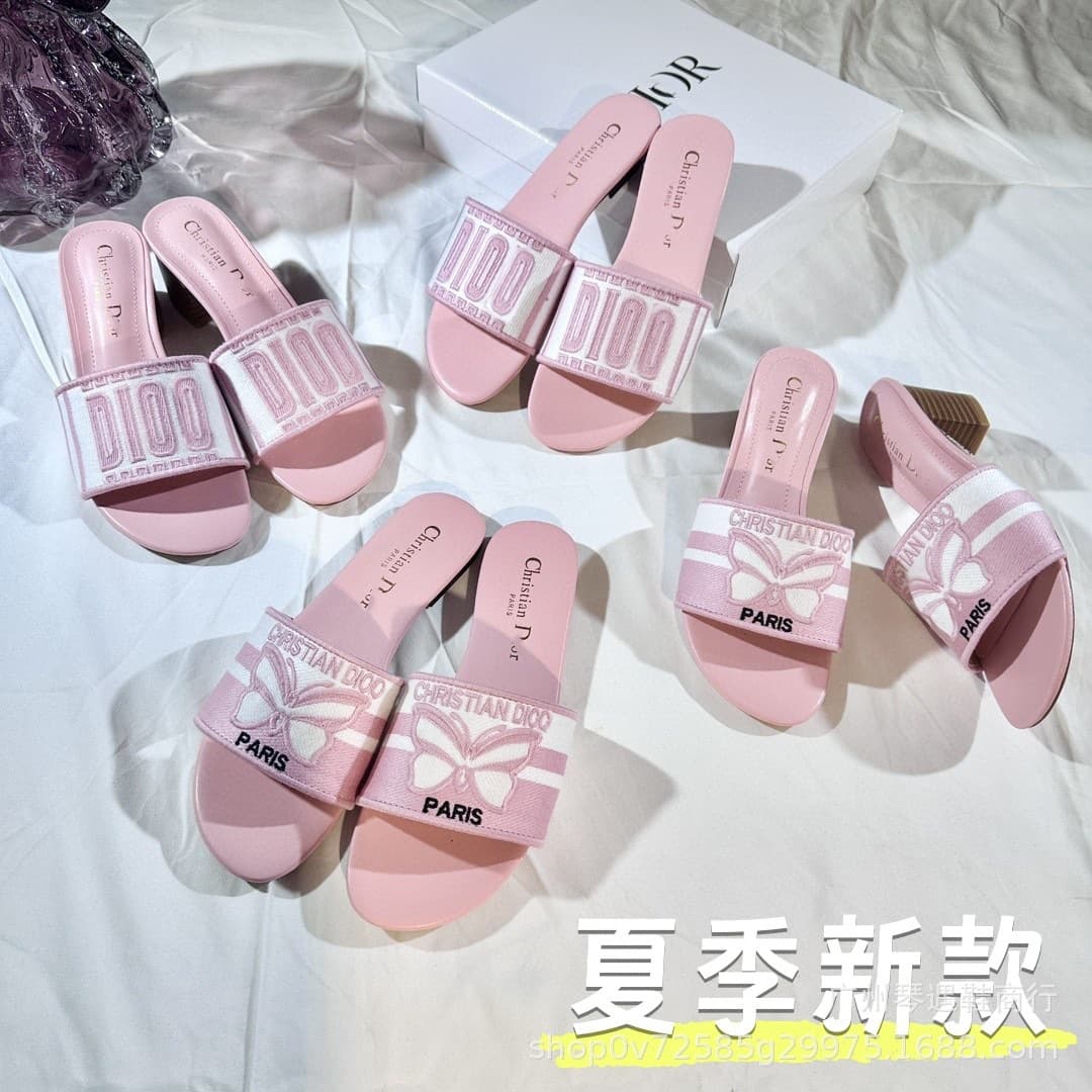 D Brand 2025 New Model Chunky Heel Letter-Embossed Bow Women's Versatile Casual Simple Beach Vacation Slide Sandals