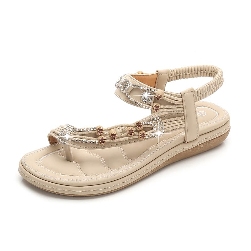 Plus Size Women's Bohemian Sandals Vintage Rhinestone Beaded Sandals Round Toe Flat Sandals Cowhide Soft Sole Shoes