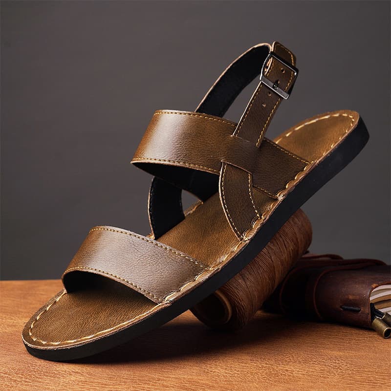 Cross-Border Amazon Hot Selling Men's Sandals 2025 New Style Men's Leather Sandals Flat Bottom Non-Slip Roman Sandals Big Size