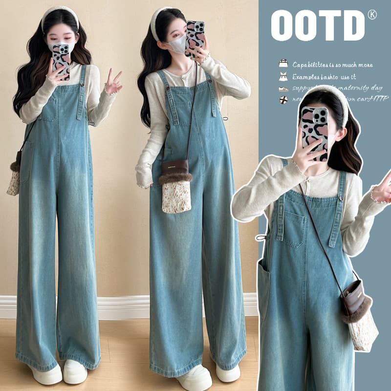 Maternity Spring Set Plus Size Dress Fashionable Trendy Mom Jeans Suspender Skirt Two-Piece Set