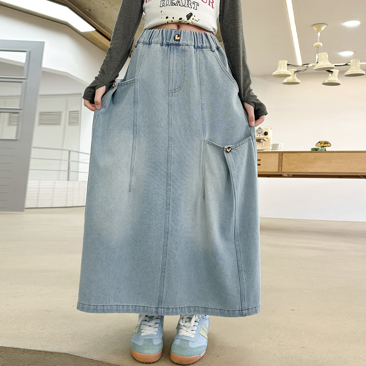 Girls Denim Skirt 2026 Spring Summer New Arrival, Korean Style Long A-Line Skirt for Older Kids, Slimming Long Skirt