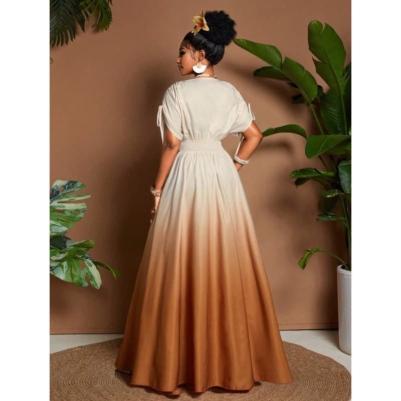 F 942 Cross-Border Women Dresses Elegant Romantic Gradient Print Tie Bow V-Neck A-Line Long