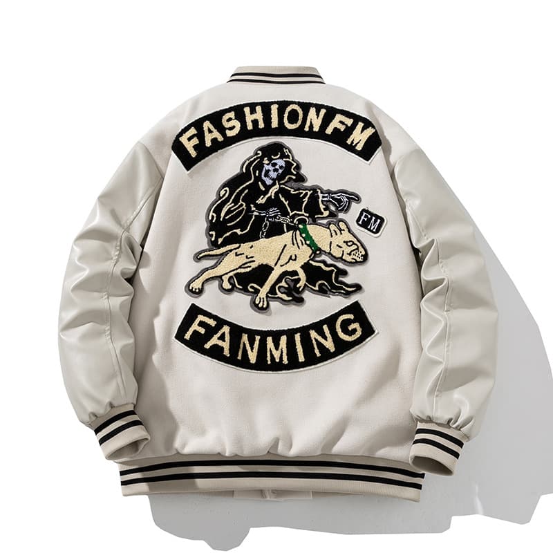 American retro motorcycle baseball jacket, men's embroidered couple woolen patchwork PU leather jacket, cotton-padded and thickened coat, trendy.