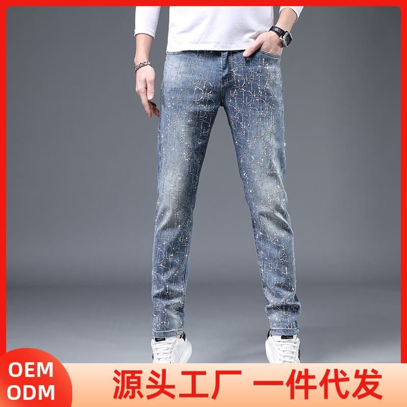 European station heavy craft letter full diamond jeans men's slim feet 2026 spring new youth trousers