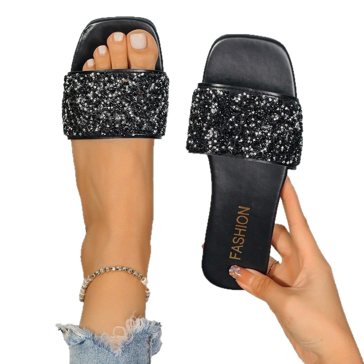 Women's Large Size Slippers for Outdoor Wear 2025 Summer New Style Fairy Fashion Sequined Square Toe Flat One-Strap Sandals
