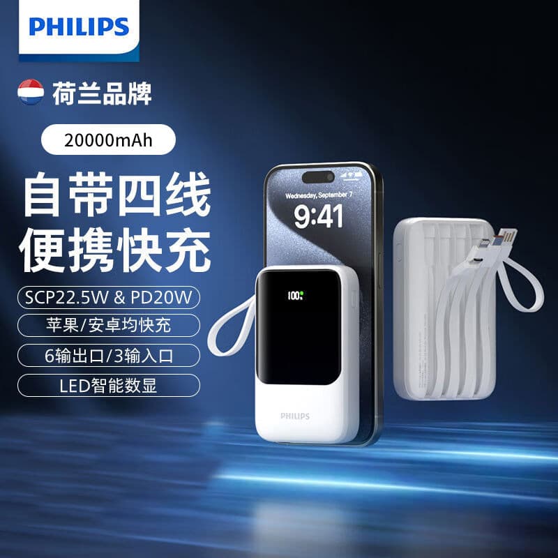 Philips 22.5W Fast Charging 20000mAh Power Bank with 4 Built-in Cables, 3C Certified, Airplane Approved, Braided