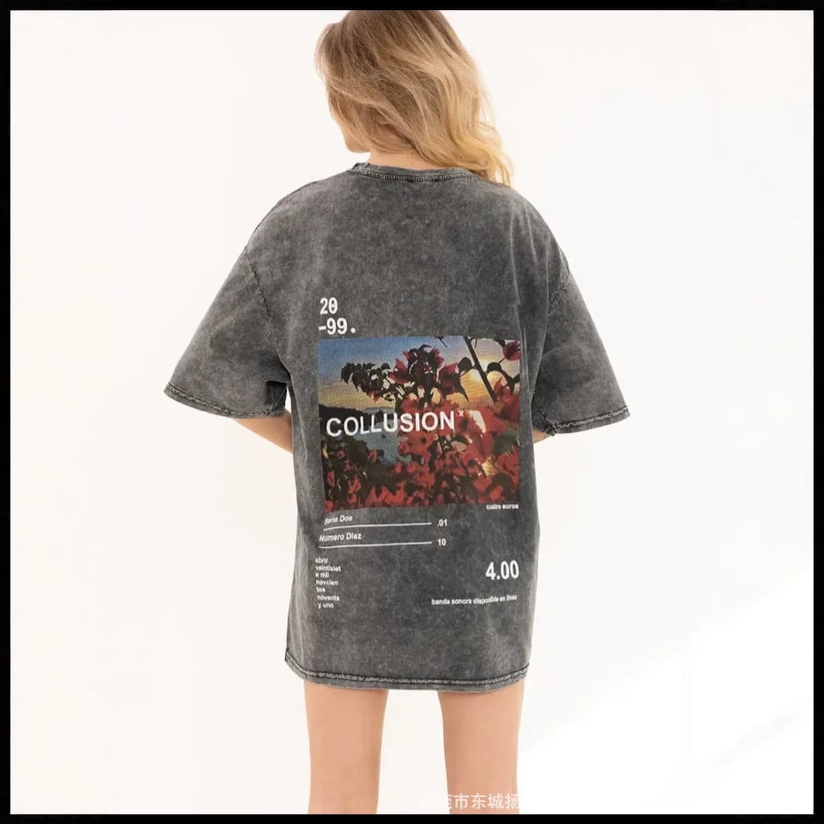 American casual temperament, versatile washed black retro distressed street handsome landscape printed cotton short-sleeved T-shirt trendy