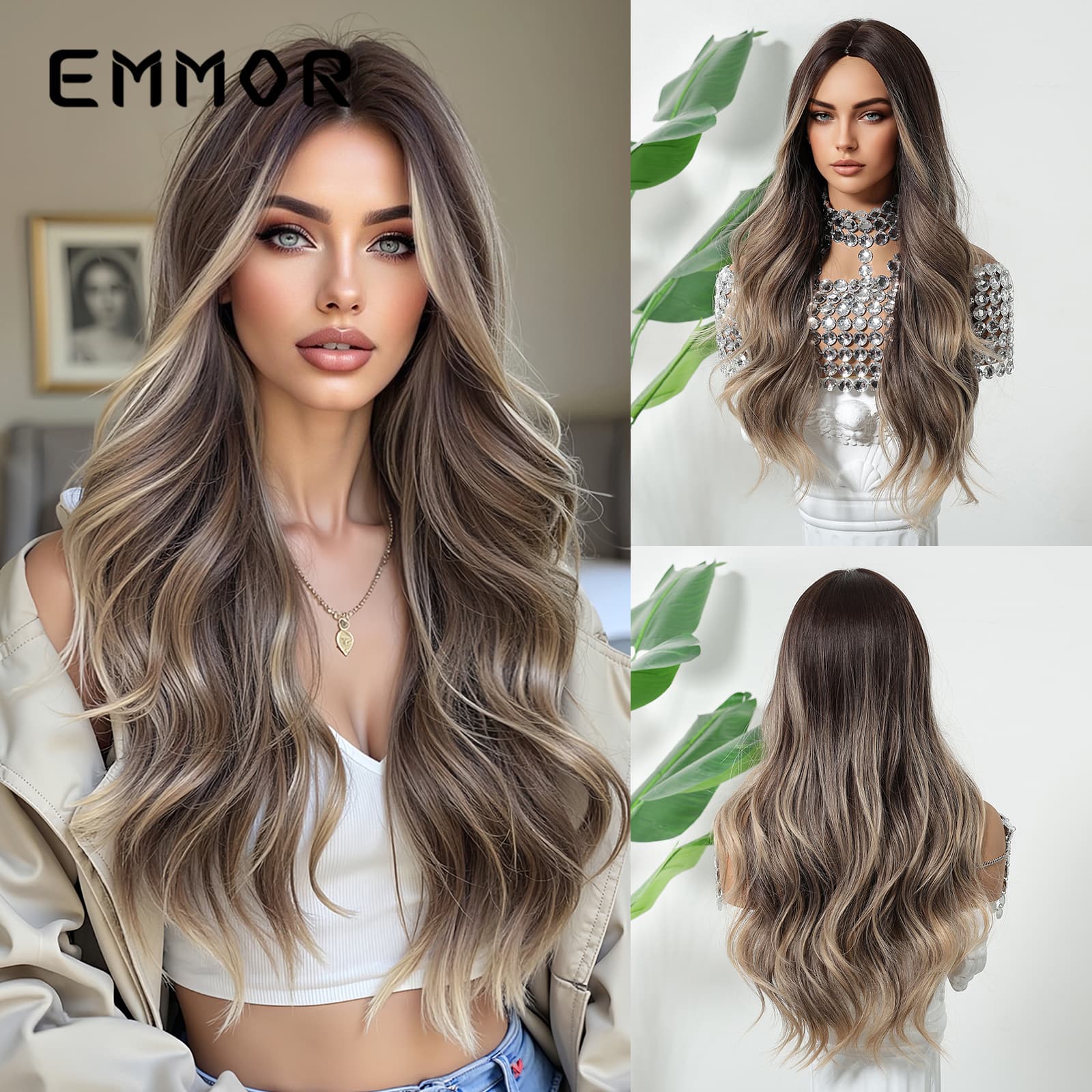 New European and American Women's Long Curls Gradient Brown Hair Wig Full Head Cover Fashionable Changeable Hairstyle for Any Skin Color and Face Type