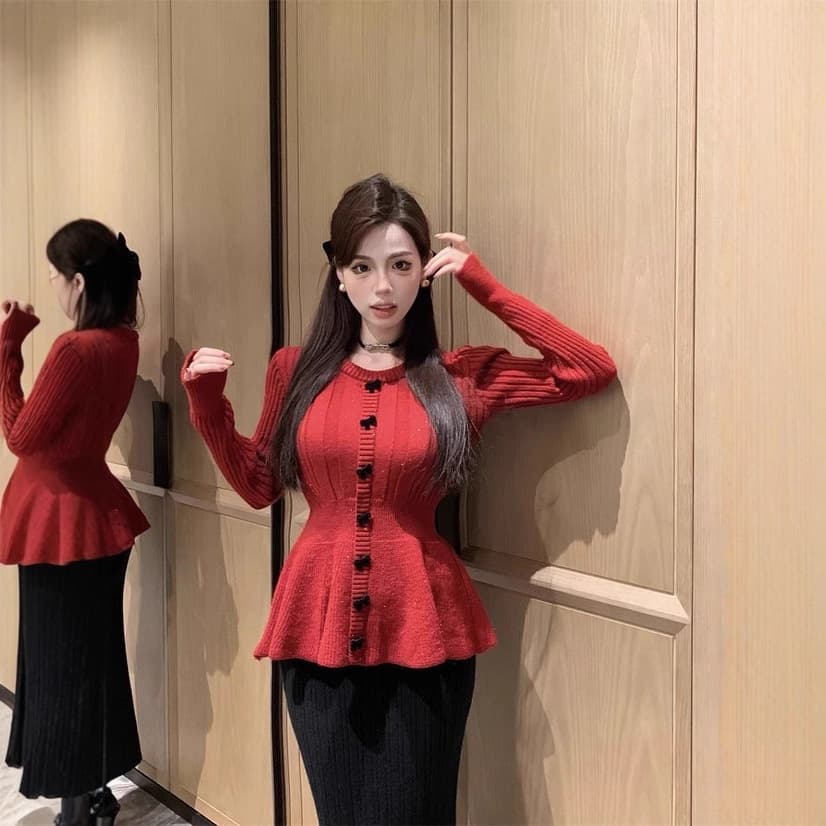 Long-Sleeve Knit Top for Women Fall Plus Size Slimming Base Layer Red Sweater Soft Luxe Feel Top