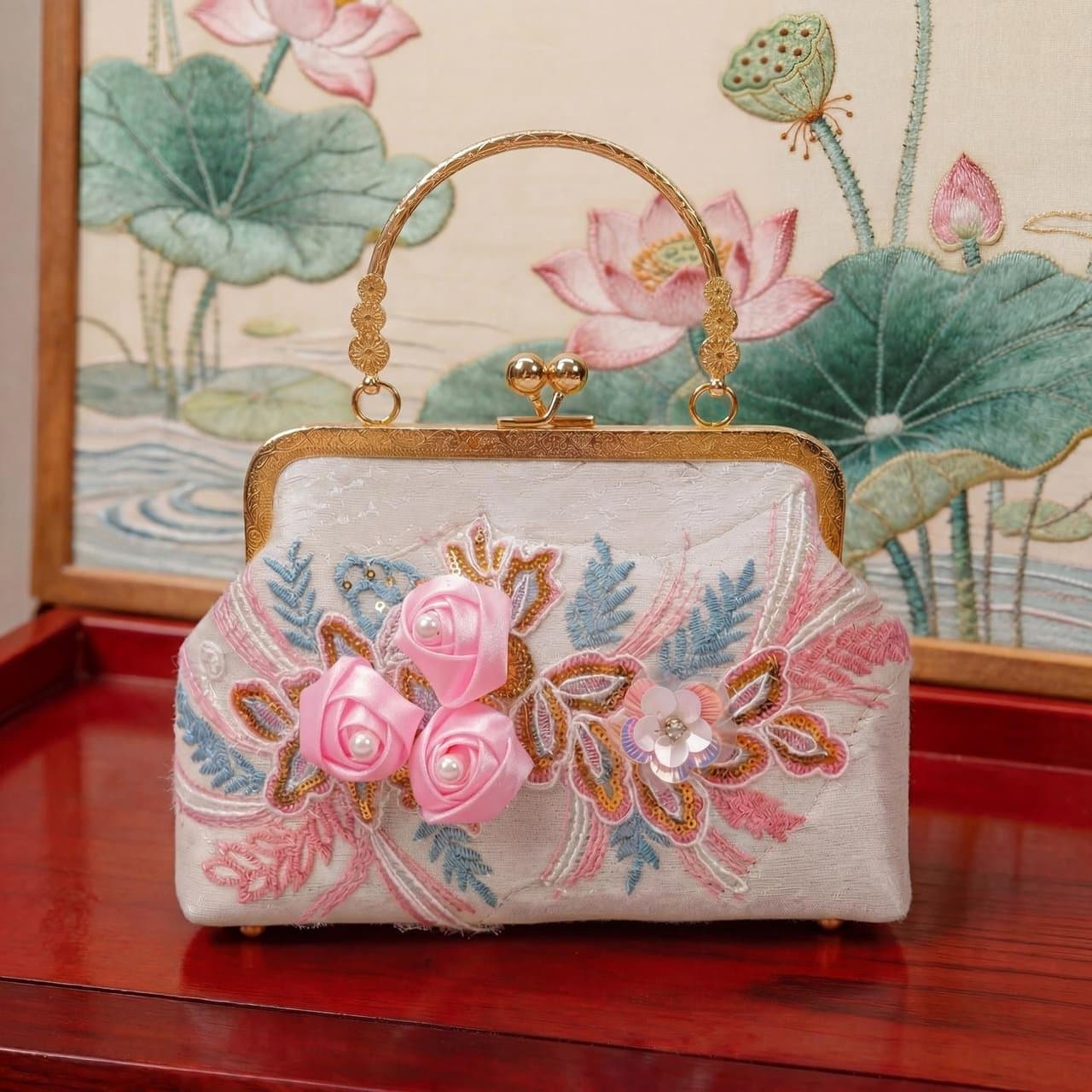 Original Design Heavy-Duty Floral Lace Mesh Socialite Handbag, Vintage Style Qipao Banquet Bag, Rhinestone High-End Women's Bag