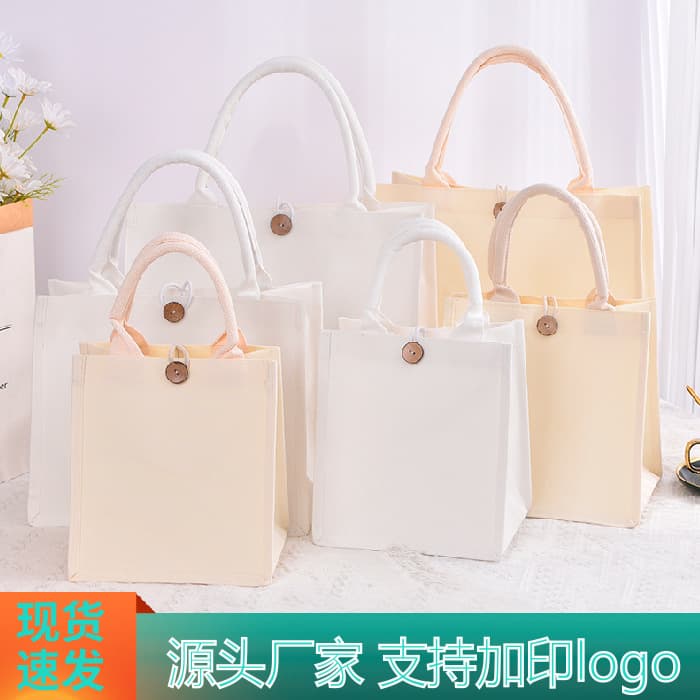DIY Blank Coated Canvas Tote Bag, Solid Canvas Bag with Buttons, Custom Ribbon Fashion Handbag