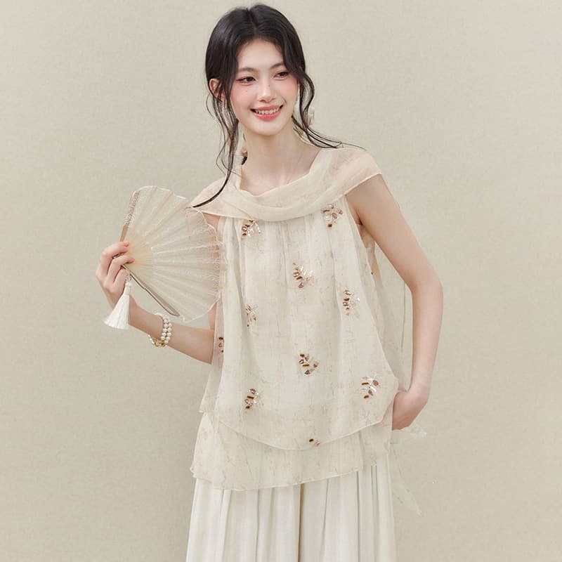 Original Fabric! Floral Sleeveless Vest Top for Women - New Summer French Style, Fresh and Elegant Unique Blouse