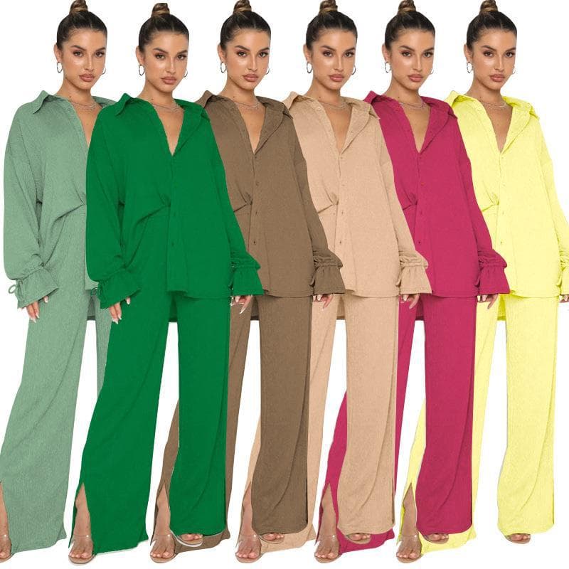 New Arrival Spring Autumn/Winter Women's Fashion Solid Color Lapel Single-Breasted Sleeve Tie Top Women's Clothing Trousers Suit